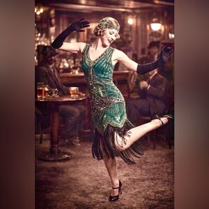 Metme sz XS emerald green sleeveless beaded flapper fancy fringed dress side zip